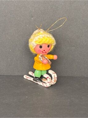 Wood Figure on Skies Christmas Figurine Skier Crochet Hat Vintage 3” Ornament